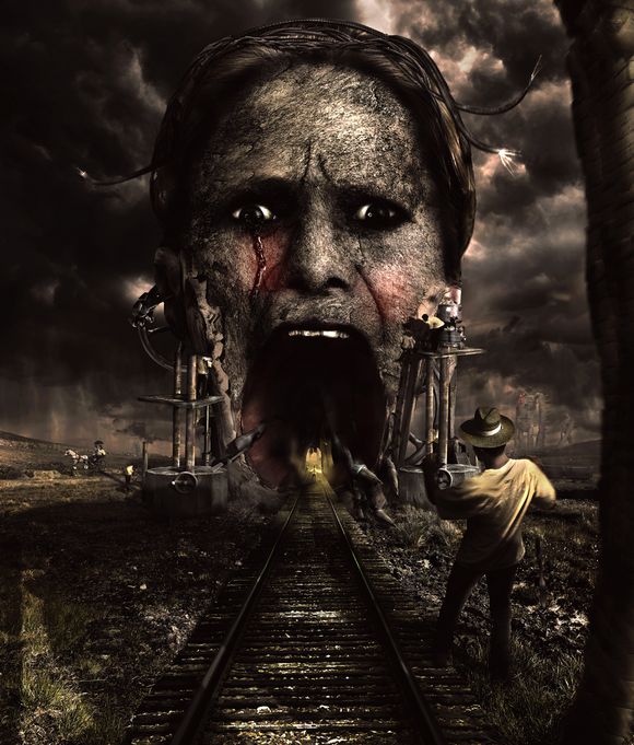 photo manipulation screaming lady devours the railroad