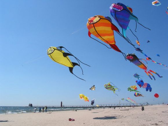 kites fly near the ocean