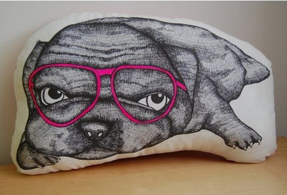 dog with glasses drawn on a pillow