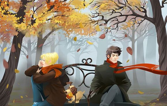 couple siting on a park bench autumn illustration 