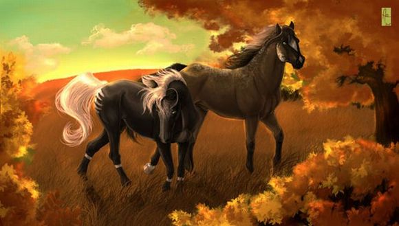 horses in autumn illustration 