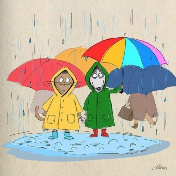 fall, raining, autumn, friends, umbrellas, illustration, 
