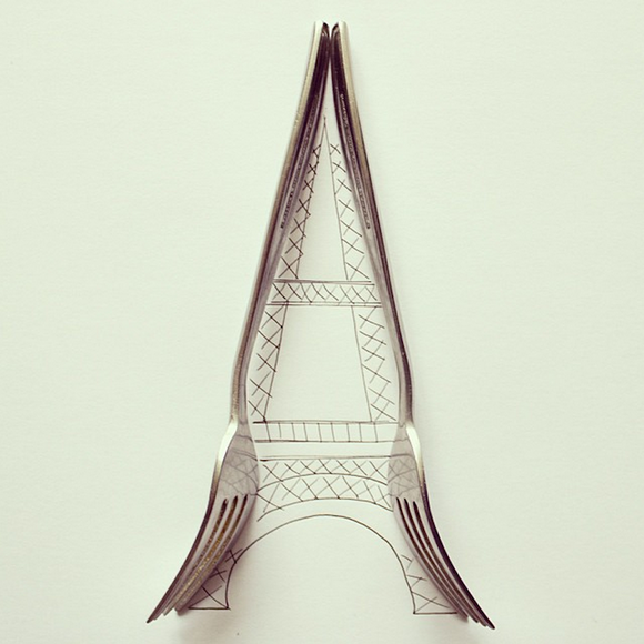 Eiffel tower drawing mixed with every day objects