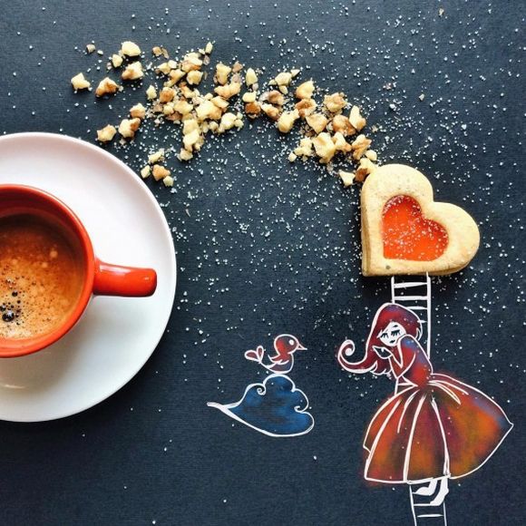 she is in love morning coffee with cookies illustration 