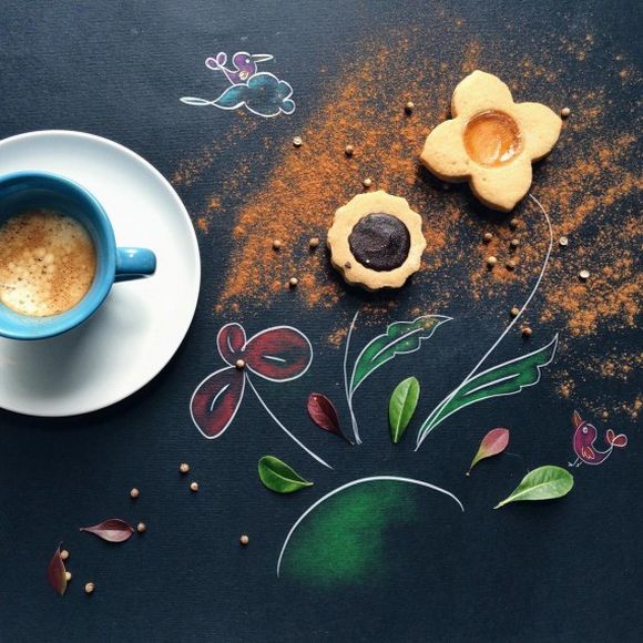 flowers morning coffee with cookies illustration 