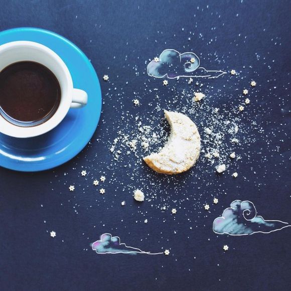 night sky and moon, cup of coffee with cookies illustration, clouds, stars and moon 