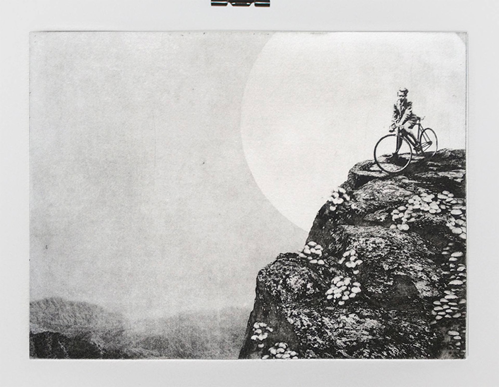 digital collages weird scenes boy on a bike 