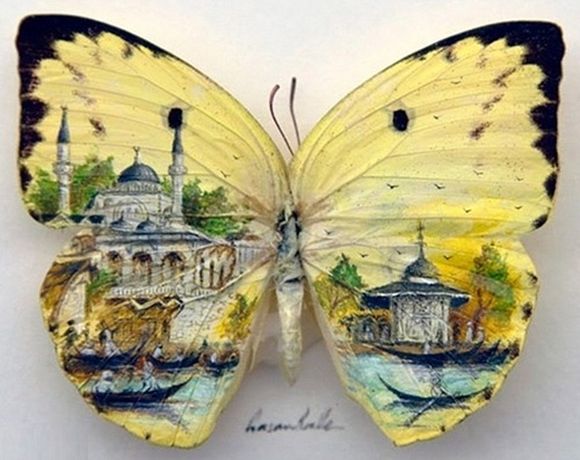 tiny painting of Istanbul on a butterfly 